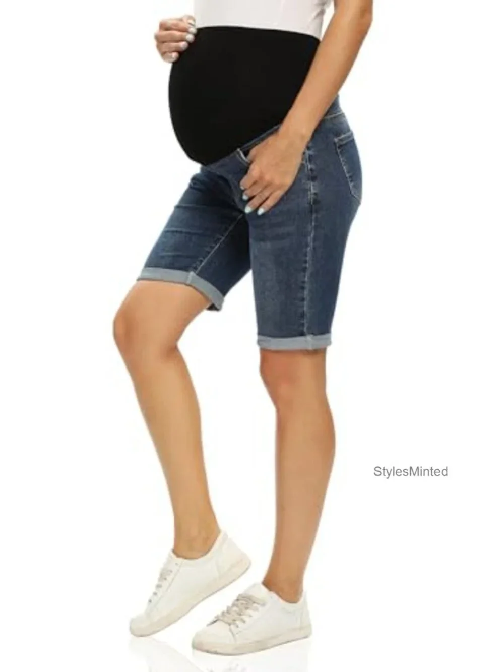 Maternity Bermuda Jean Shorts Over The Belly Stretchy Denim Cuffed Hem
